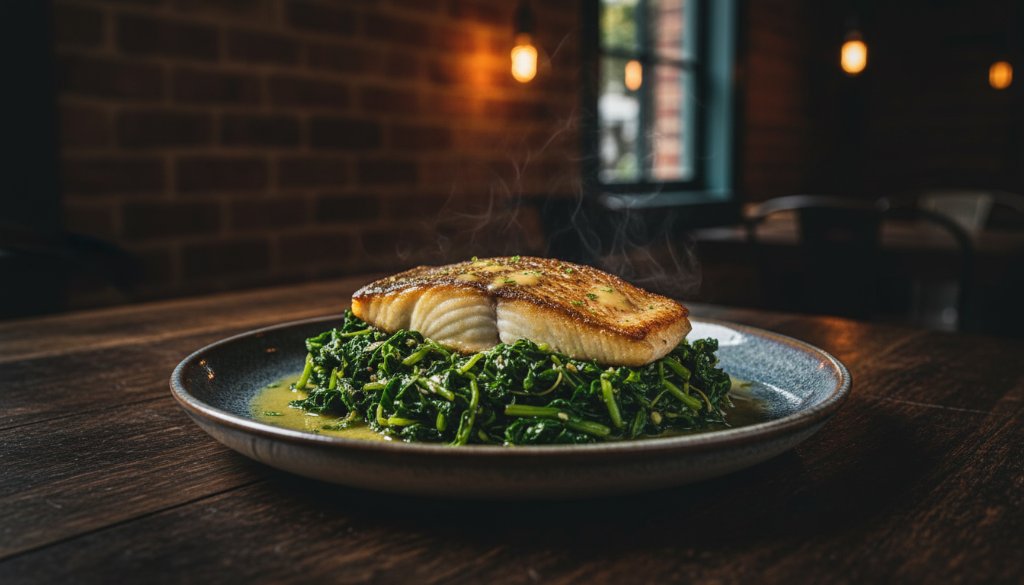A stunning close-up of a perfectly plated gourmet dish, vibrant and fresh, with steam delicately rising, captured with dramatic studio lighting against a soft, blurred background of a bustling Laverton cafe kitchen, embodying 'Capturing Laverton's culinary soul through professional food photography' with an epic, cinematic feel.