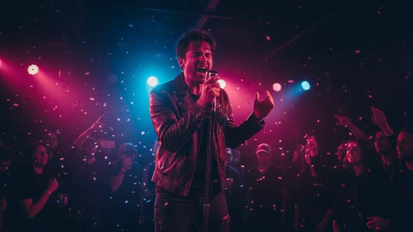 An electrifying wide shot of a lead guitarist mid-shred, bathed in dramatic magenta and blue stage lights, with the passionate crowd a blurred background in an intimate Armadale music venue, perfectly 'Capturing live band energy Armadale concert photography'.