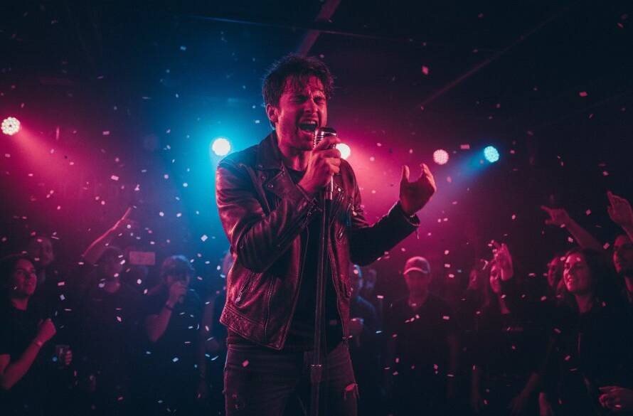 An electrifying wide shot of a lead guitarist mid-shred, bathed in dramatic magenta and blue stage lights, with the passionate crowd a blurred background in an intimate Armadale music venue, perfectly 'Capturing live band energy Armadale concert photography'.