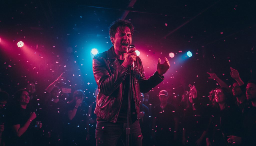 An electrifying wide shot of a lead guitarist mid-shred, bathed in dramatic magenta and blue stage lights, with the passionate crowd a blurred background in an intimate Armadale music venue, perfectly 'Capturing live band energy Armadale concert photography'.