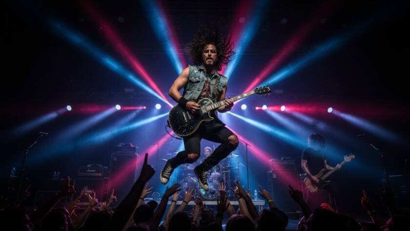 Dynamic wide-angle shot capturing a rock band's lead singer mid-scream, bathed in dramatic red and blue stage lights, with an energetic crowd visible in soft focus, embodying the thrill of capturing live music Caulfield South gigs.