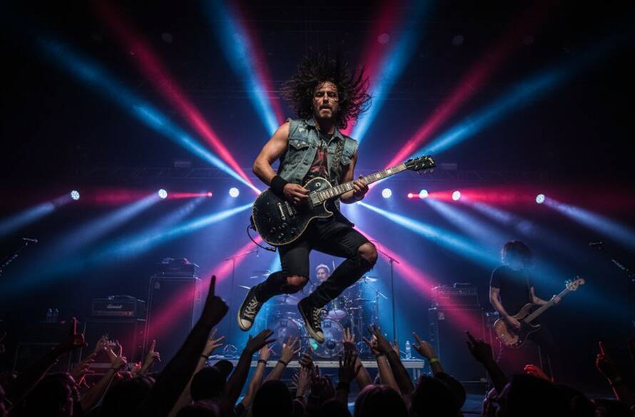 Dynamic wide-angle shot capturing a rock band's lead singer mid-scream, bathed in dramatic red and blue stage lights, with an energetic crowd visible in soft focus, embodying the thrill of capturing live music Caulfield South gigs.
