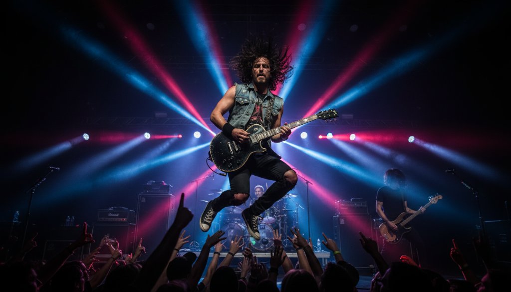 Dynamic wide-angle shot capturing a rock band's lead singer mid-scream, bathed in dramatic red and blue stage lights, with an energetic crowd visible in soft focus, embodying the thrill of capturing live music Caulfield South gigs.