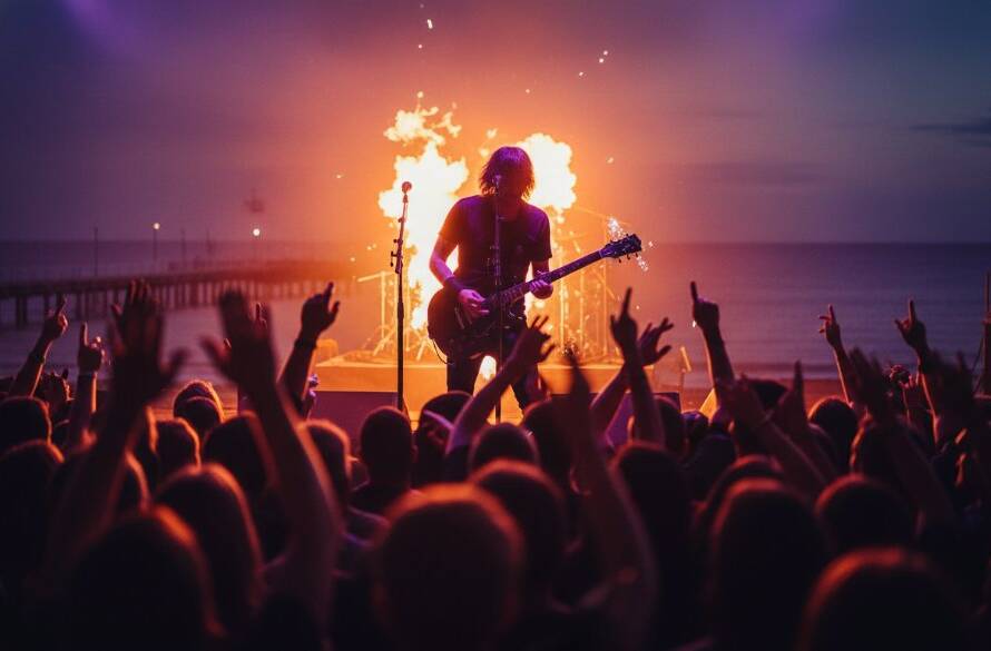 An epic moment photograph showcasing a lead singer silhouetted against vibrant stage lights at a lively outdoor concert in Chelsea, Victoria, perfectly embodying capturing live music Chelsea Victoria concert photography.