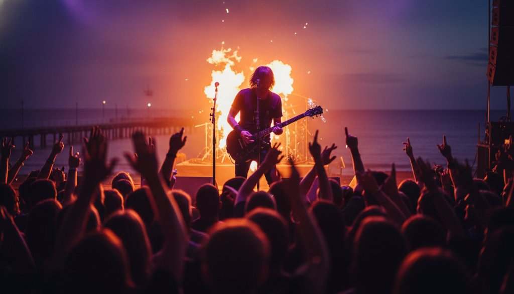 An epic moment photograph showcasing a lead singer silhouetted against vibrant stage lights at a lively outdoor concert in Chelsea, Victoria, perfectly embodying capturing live music Chelsea Victoria concert photography.