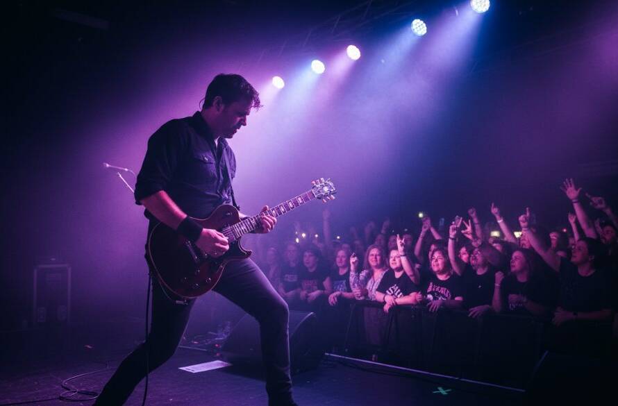A dynamic, wide-angle shot from the stage, featuring a lead guitarist bathed in dramatic purple and blue stage lights, with a cheering crowd silhouetted in the background, perfectly capturing live music Cranbourne energy during an epic moment.