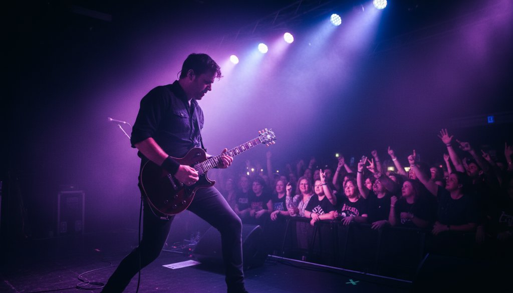 A dynamic, wide-angle shot from the stage, featuring a lead guitarist bathed in dramatic purple and blue stage lights, with a cheering crowd silhouetted in the background, perfectly capturing live music Cranbourne energy during an epic moment.