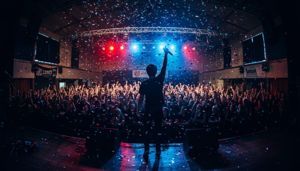Dramatic, high-energy photograph capturing live music Croydon South Victoria, showcasing a lead guitarist mid-shred under intense stage lights, with blurred audience hands in the foreground, conveying the electric atmosphere of a local concert.