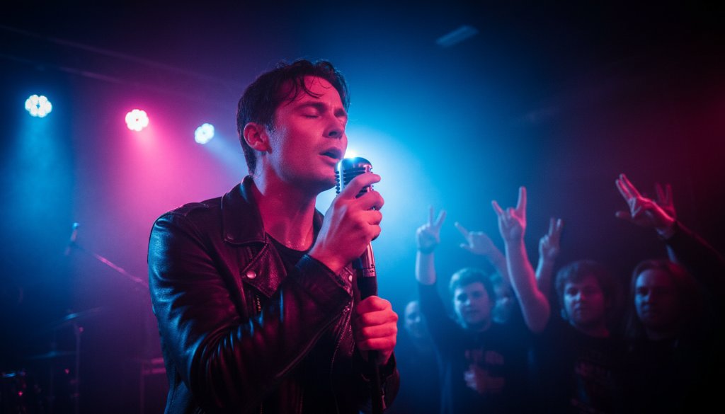 A dynamic wide-angle shot capturing live music energy Blackburn South, with a lead guitarist mid-shred under dramatic stage lights, audience silhouettes cheering, and a vibrant atmosphere. Professional concert photography.
