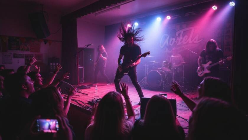 A dynamic, wide-angle shot capturing live music energy in Blackburn South, showing a lead singer mid-performance, bathed in dramatic stage lighting, with an enthusiastic crowd silhouetted in the foreground, evoking an epic moment of connection.