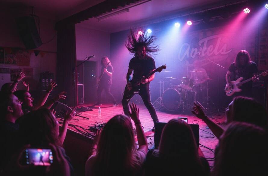 A dynamic, wide-angle shot capturing live music energy in Blackburn South, showing a lead singer mid-performance, bathed in dramatic stage lighting, with an enthusiastic crowd silhouetted in the foreground, evoking an epic moment of connection.