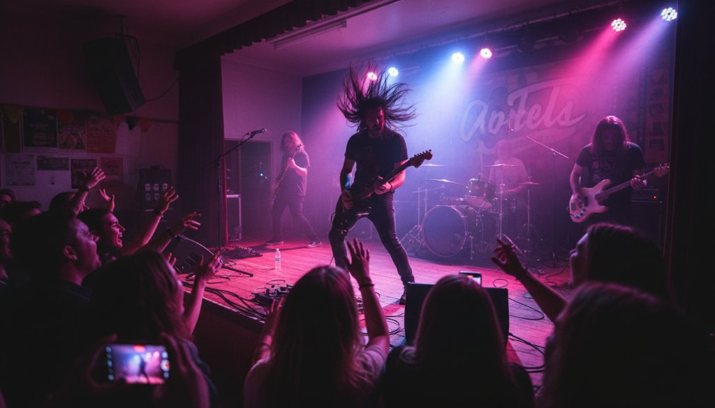A dynamic, wide-angle shot capturing live music energy in Blackburn South, showing a lead singer mid-performance, bathed in dramatic stage lighting, with an enthusiastic crowd silhouetted in the foreground, evoking an epic moment of connection.