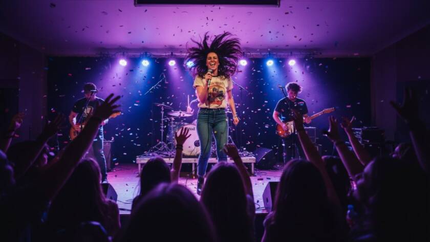 A dynamic wide-angle shot capturing live music energy Burnside Heights, featuring a lead singer mid-song bathed in dramatic stage lighting, with the energetic crowd visible in the foreground, showcasing an epic moment of musical performance.