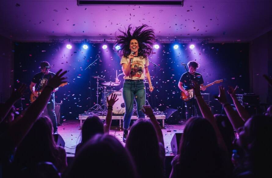 A dynamic wide-angle shot capturing live music energy Burnside Heights, featuring a lead singer mid-song bathed in dramatic stage lighting, with the energetic crowd visible in the foreground, showcasing an epic moment of musical performance.