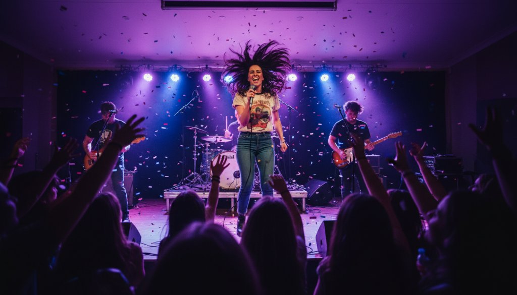 A dynamic wide-angle shot capturing live music energy Burnside Heights, featuring a lead singer mid-song bathed in dramatic stage lighting, with the energetic crowd visible in the foreground, showcasing an epic moment of musical performance.