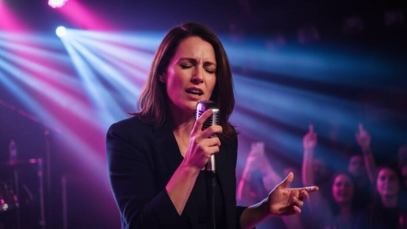 Dramatic shot of a lead guitarist mid-shred under intense stage lights, perfectly Capturing Live Music Energy Burwood Victoria at a vibrant local venue, crowd silhouetted in the background.