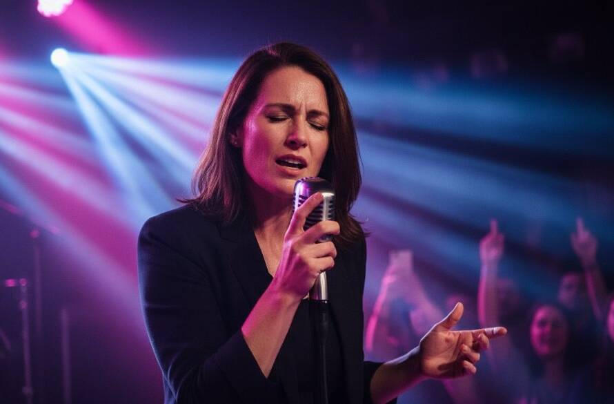 Dramatic shot of a lead guitarist mid-shred under intense stage lights, perfectly Capturing Live Music Energy Burwood Victoria at a vibrant local venue, crowd silhouetted in the background.