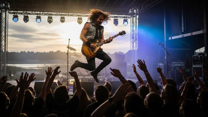 A dynamic, wide-angle shot capturing the live music energy at a vibrant outdoor concert in Manor Lakes, Victoria, with a lead guitarist in mid-solo, stage lights flaring, and an energetic crowd silhouetted against the sunset.