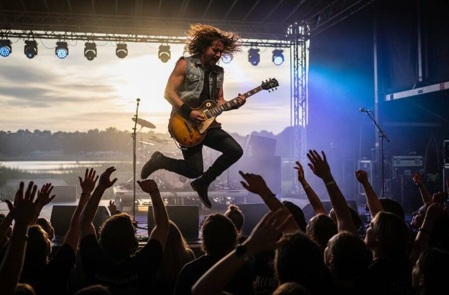 A dynamic, wide-angle shot capturing the live music energy at a vibrant outdoor concert in Manor Lakes, Victoria, with a lead guitarist in mid-solo, stage lights flaring, and an energetic crowd silhouetted against the sunset.