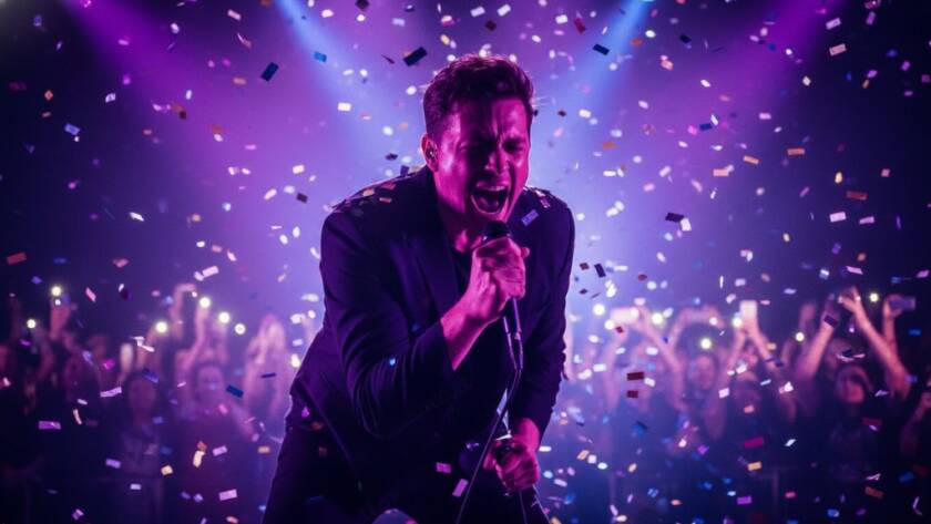 Dynamic shot of a guitarist on stage, bathed in vibrant blue and red stage lights, mid-jump, capturing live music energy Melton concerts at a local Melton venue, audience blurred in background.