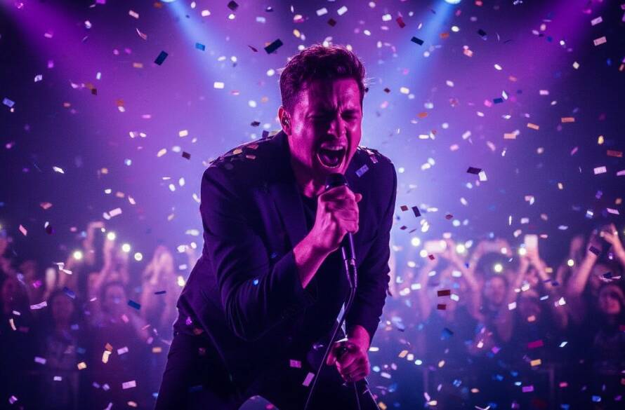 Dynamic shot of a guitarist on stage, bathed in vibrant blue and red stage lights, mid-jump, capturing live music energy Melton concerts at a local Melton venue, audience blurred in background.