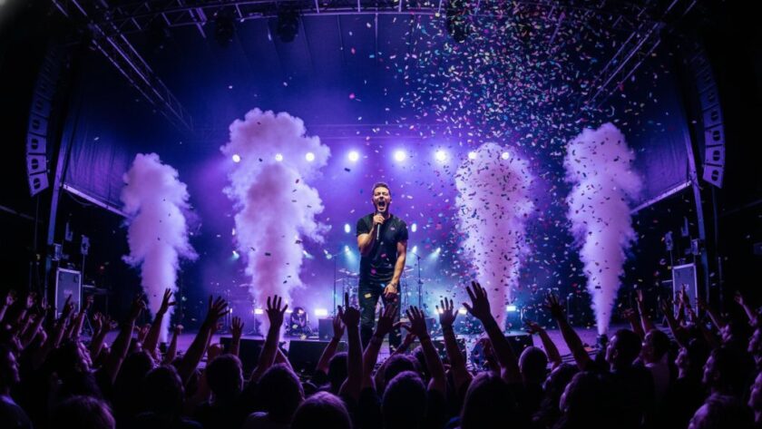 Dynamic, wide-angle photograph capturing the intense live music energy in Miners Rest, Victoria, with a lead guitarist silhouetted against vibrant stage lights, their hands flying over the fretboard as confetti rains down on an enthusiastic crowd, professionally colour graded for dramatic effect.