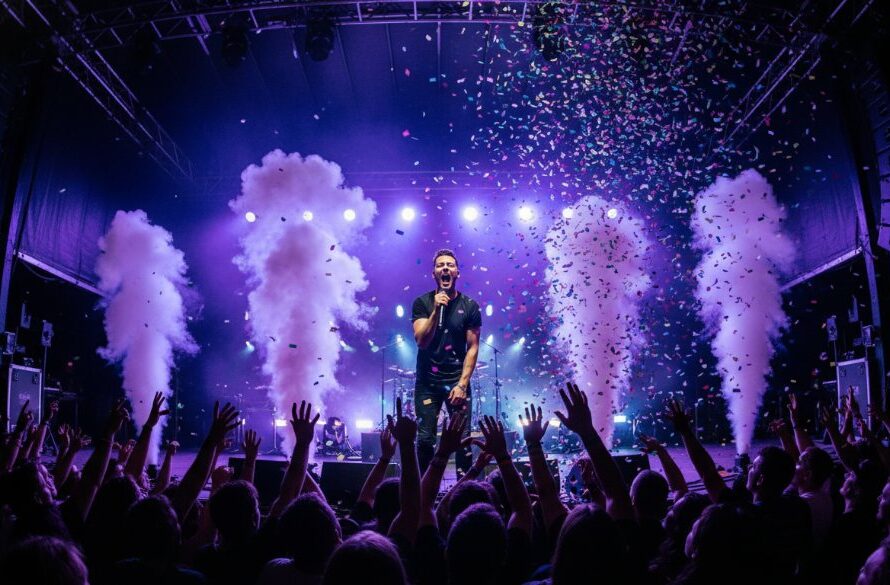 Dynamic, wide-angle photograph capturing the intense live music energy in Miners Rest, Victoria, with a lead guitarist silhouetted against vibrant stage lights, their hands flying over the fretboard as confetti rains down on an enthusiastic crowd, professionally colour graded for dramatic effect.