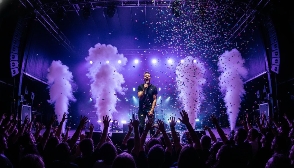 Dynamic, wide-angle photograph capturing the intense live music energy in Miners Rest, Victoria, with a lead guitarist silhouetted against vibrant stage lights, their hands flying over the fretboard as confetti rains down on an enthusiastic crowd, professionally colour graded for dramatic effect.