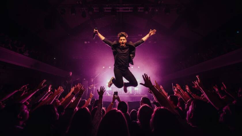 An electrifying wide-angle shot from the front row at a Mitcham gig, capturing live music energy with a lead guitarist mid-shred, bathed in dramatic red and blue stage lights, sweat flying, against a blurred backdrop of an excited crowd, showcasing an epic moment of raw performance.