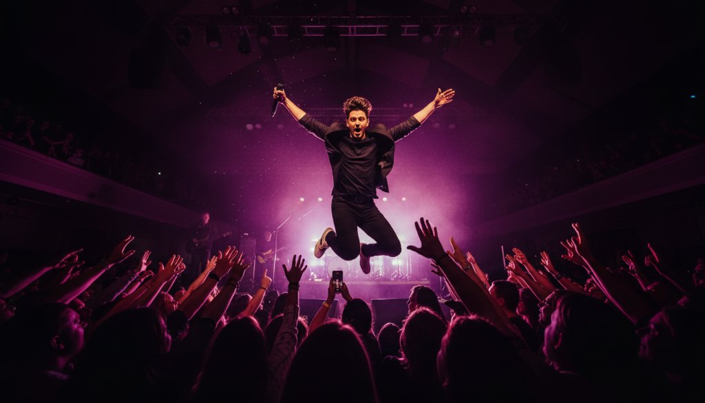 An electrifying wide-angle shot from the front row at a Mitcham gig, capturing live music energy with a lead guitarist mid-shred, bathed in dramatic red and blue stage lights, sweat flying, against a blurred backdrop of an excited crowd, showcasing an epic moment of raw performance.