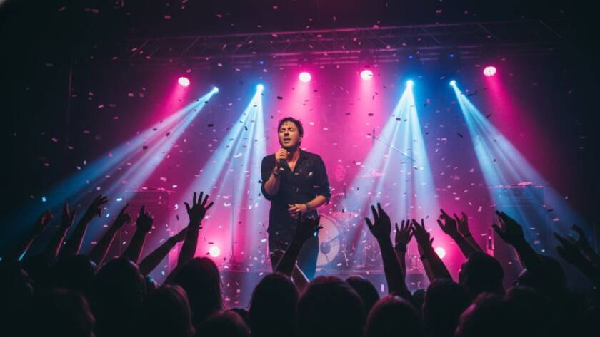 An epic moment of a lead singer in full flight, microphone in hand, bathed in dramatic magenta and blue stage lights with confetti, captured during a high-energy performance at a bustling South Kingsville music venue, showcasing capturing live music energy South Kingsville concert photography.