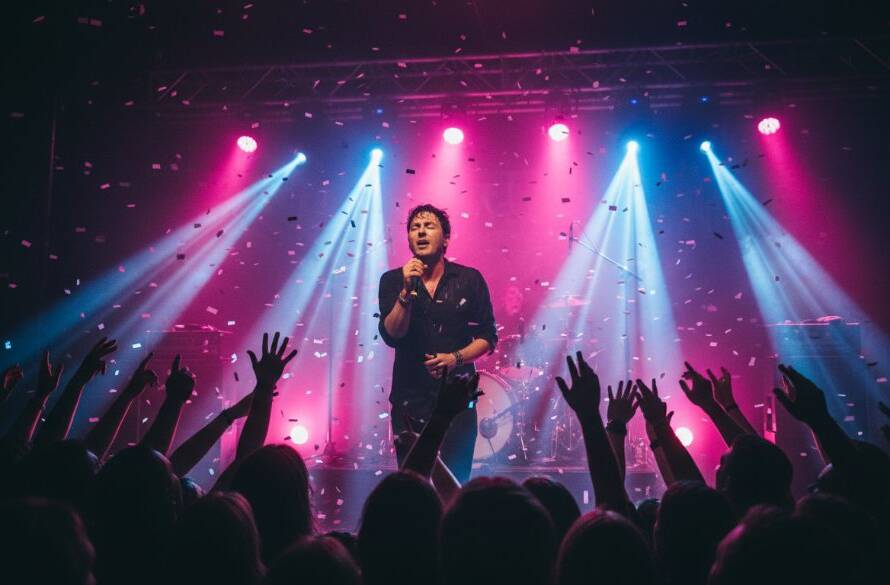 An epic moment of a lead singer in full flight, microphone in hand, bathed in dramatic magenta and blue stage lights with confetti, captured during a high-energy performance at a bustling South Kingsville music venue, showcasing capturing live music energy South Kingsville concert photography.