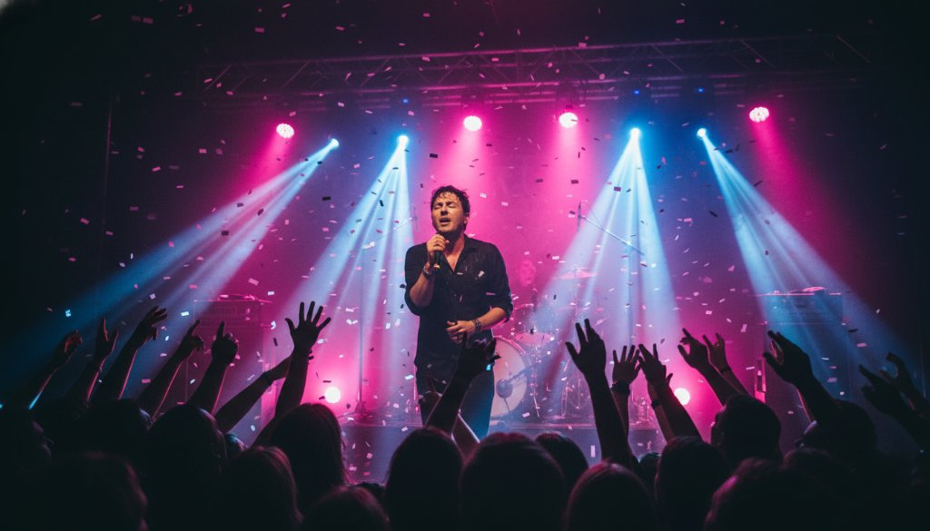 An epic moment of a lead singer in full flight, microphone in hand, bathed in dramatic magenta and blue stage lights with confetti, captured during a high-energy performance at a bustling South Kingsville music venue, showcasing capturing live music energy South Kingsville concert photography.