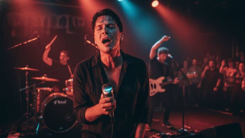 A wide-angle, low-angle shot capturing live music energy Sunshine gigs, featuring a lead guitarist bathed in dramatic stage lighting, mid-jump, with a blurred, energetic crowd in the foreground and a vibrant, warm colour palette.