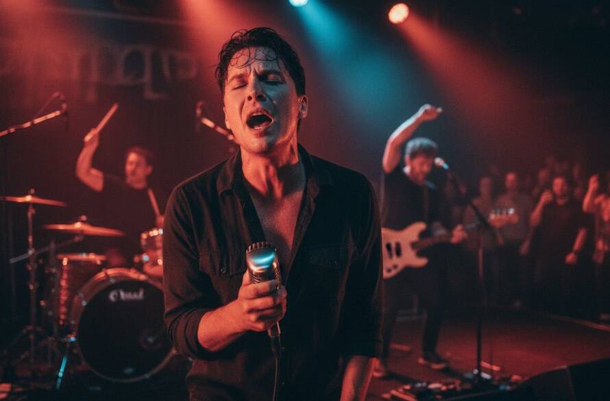 A wide-angle, low-angle shot capturing live music energy Sunshine gigs, featuring a lead guitarist bathed in dramatic stage lighting, mid-jump, with a blurred, energetic crowd in the foreground and a vibrant, warm colour palette.