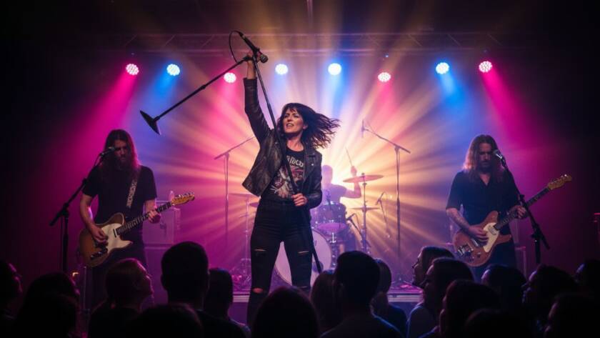 A dramatic wide shot perfectly capturing live music energy Sunshine North, showing a lead singer mid-leap on stage, illuminated by vibrant blue and purple stage lights, with a cheering crowd silhouetted in the foreground.