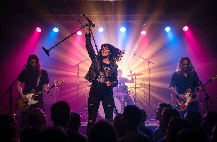 A dramatic wide shot perfectly capturing live music energy Sunshine North, showing a lead singer mid-leap on stage, illuminated by vibrant blue and purple stage lights, with a cheering crowd silhouetted in the foreground.