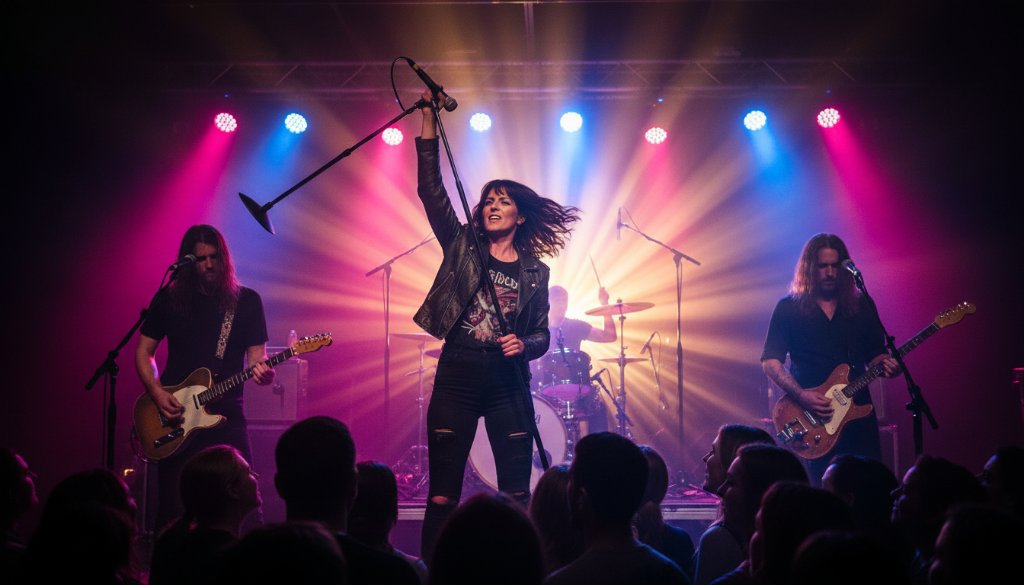 A dramatic wide shot perfectly capturing live music energy Sunshine North, showing a lead singer mid-leap on stage, illuminated by vibrant blue and purple stage lights, with a cheering crowd silhouetted in the foreground.