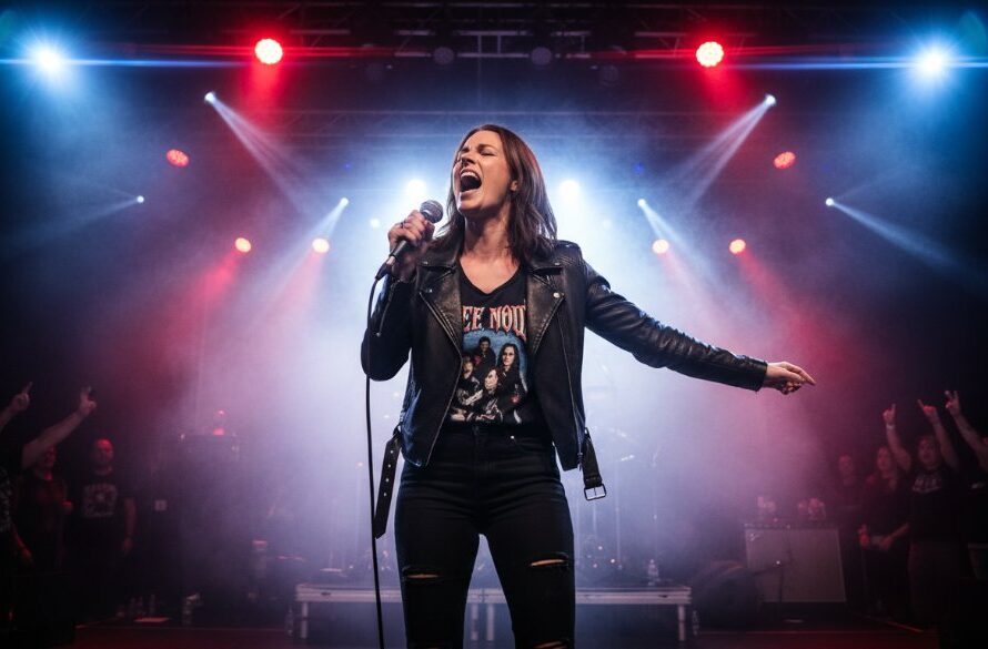 An epic moment capturing live music energy Wendouree gigs, with a lead guitarist mid-shred on stage, dramatic backlighting, fog effects, and a cheering crowd blurred in the foreground, professional colour grading.