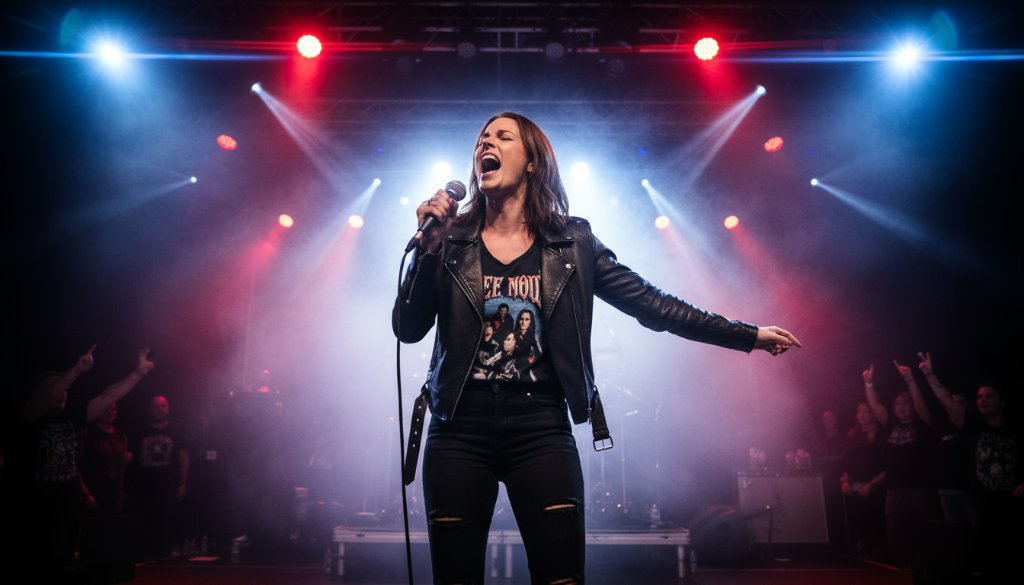 An epic moment capturing live music energy Wendouree gigs, with a lead guitarist mid-shred on stage, dramatic backlighting, fog effects, and a cheering crowd blurred in the foreground, professional colour grading.