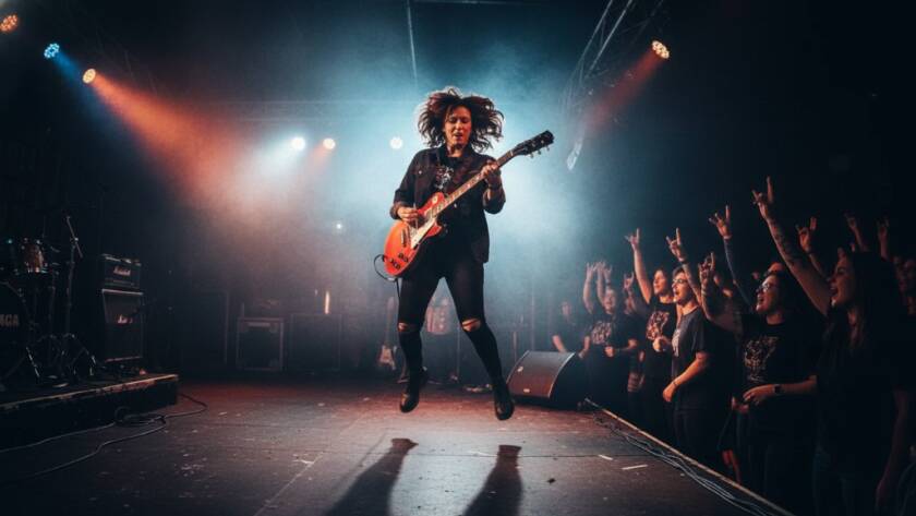 Dynamic wide shot of a lead guitarist mid-shred under dramatic blue and red stage lights at a lively Mordialloc venue, perfectly capturing live music moments in Mordialloc with intense energy and crowd interaction.