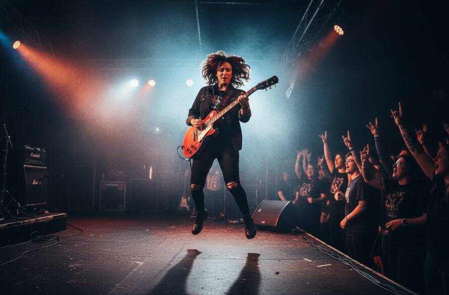 Dynamic wide shot of a lead guitarist mid-shred under dramatic blue and red stage lights at a lively Mordialloc venue, perfectly capturing live music moments in Mordialloc with intense energy and crowd interaction.