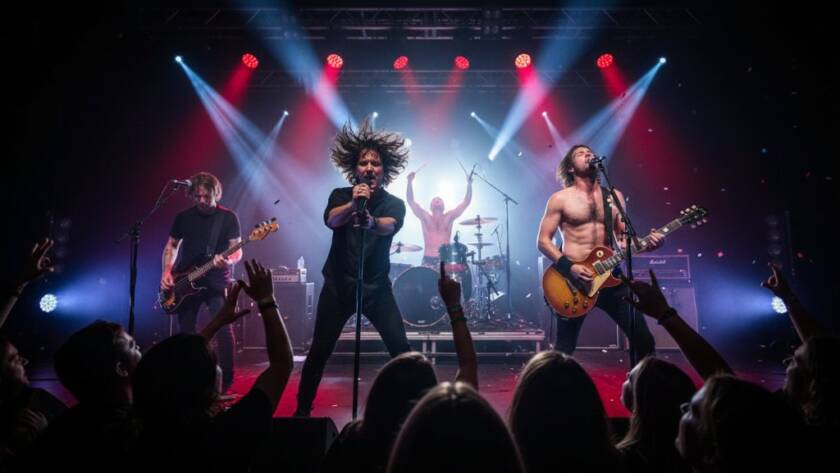 Dynamic wide shot of a female lead singer belting out a note on stage, her hair flying, bathed in intense purple and blue stage lights, with the energetic crowd in Upper Ferntree Gully visible in the foreground, perfectly capturing live music Upper Ferntree Gully concerts.