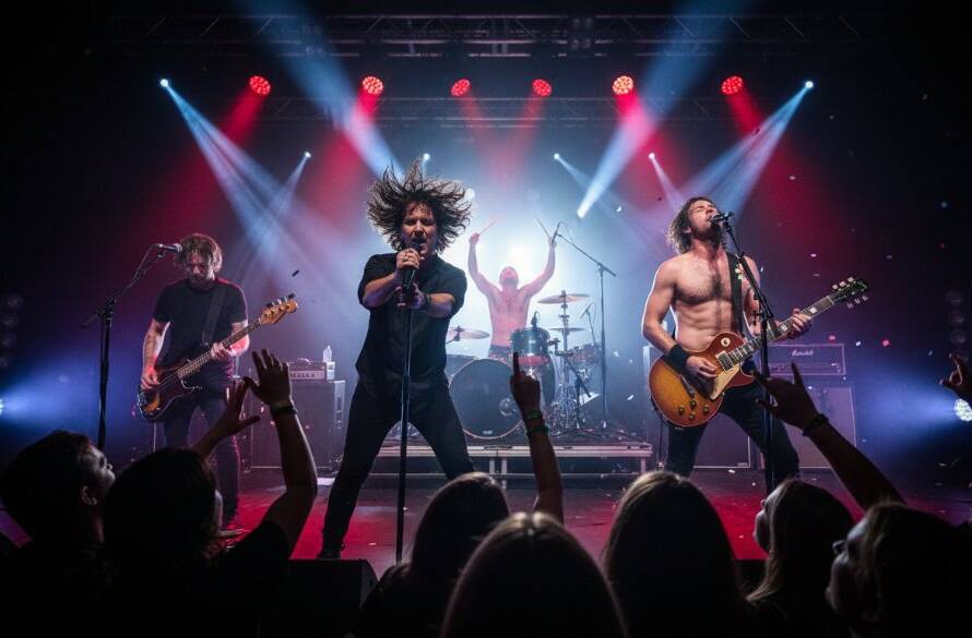 Dynamic wide shot of a female lead singer belting out a note on stage, her hair flying, bathed in intense purple and blue stage lights, with the energetic crowd in Upper Ferntree Gully visible in the foreground, perfectly capturing live music Upper Ferntree Gully concerts.