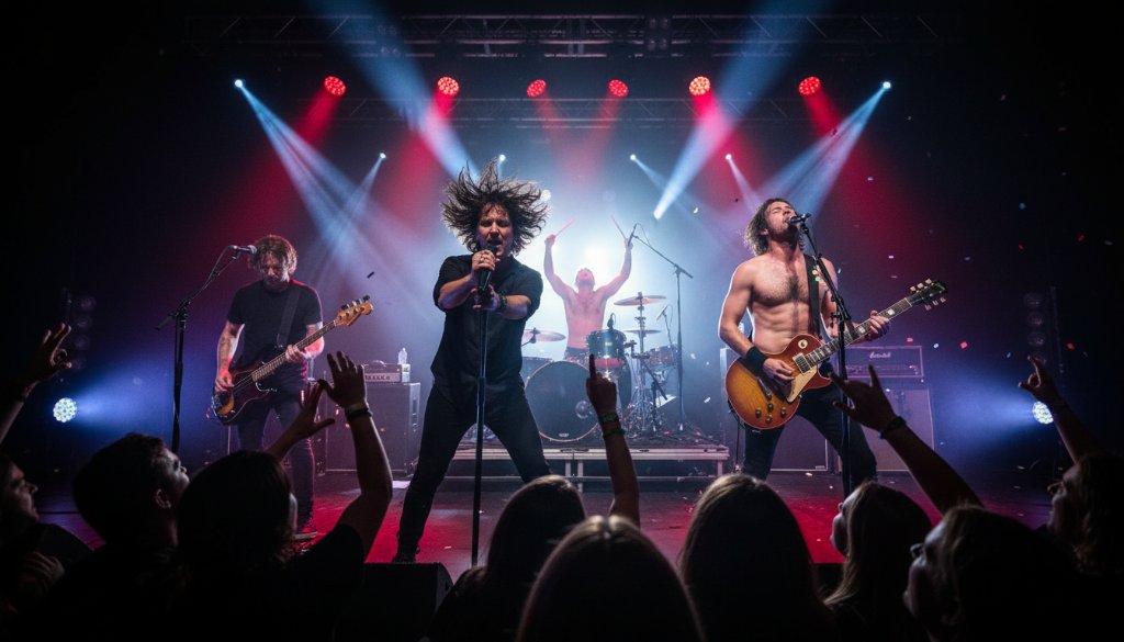 Dynamic wide shot of a female lead singer belting out a note on stage, her hair flying, bathed in intense purple and blue stage lights, with the energetic crowd in Upper Ferntree Gully visible in the foreground, perfectly capturing live music Upper Ferntree Gully concerts.