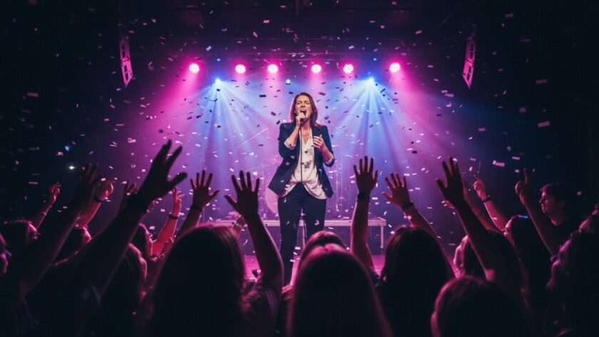 An electrifying wide shot of a lead guitarist mid-shred under dramatic blue and red stage lights, audience visible in silhouette, perfectly illustrating Capturing Live Music Vibes Canadian Victoria at a vibrant local venue.