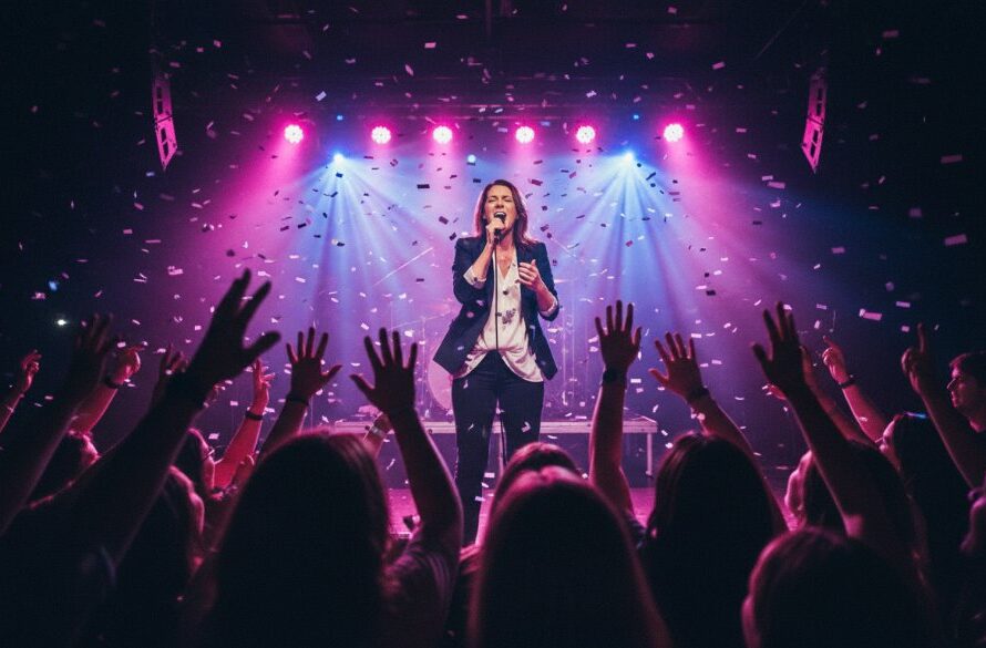 An electrifying wide shot of a lead guitarist mid-shred under dramatic blue and red stage lights, audience visible in silhouette, perfectly illustrating Capturing Live Music Vibes Canadian Victoria at a vibrant local venue.