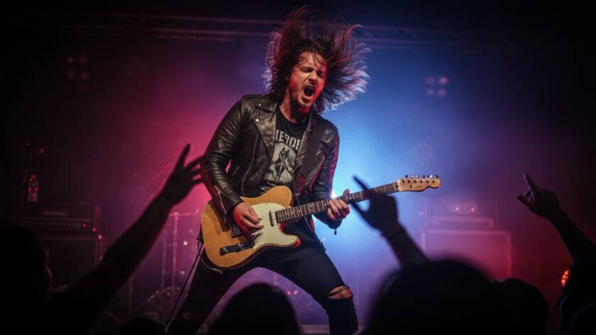 Dynamic wide shot of a band's lead singer mid-performance, bathed in dramatic stage lights, capturing live music vibes Melton West. The crowd's hands are visible, creating an epic moment of connection and energy.