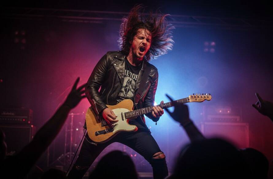 Dynamic wide shot of a band's lead singer mid-performance, bathed in dramatic stage lights, capturing live music vibes Melton West. The crowd's hands are visible, creating an epic moment of connection and energy.