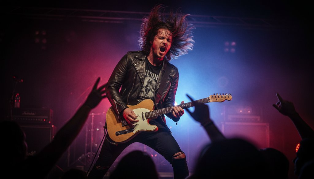 Dynamic wide shot of a band's lead singer mid-performance, bathed in dramatic stage lights, capturing live music vibes Melton West. The crowd's hands are visible, creating an epic moment of connection and energy.
